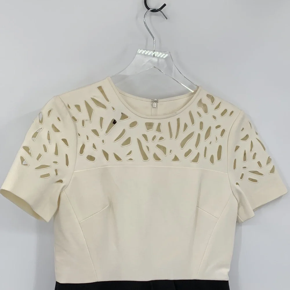 4C colorblock shift dress black cream laser cut cut-out knit ruffle women 8